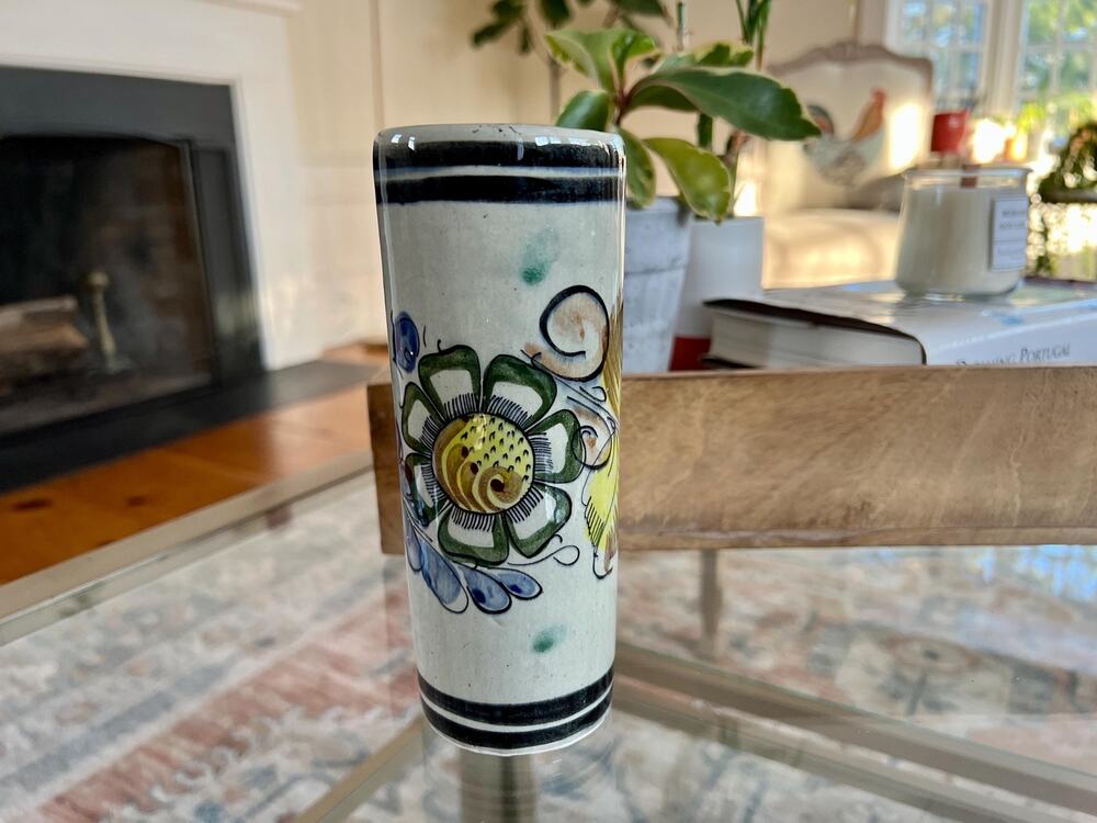 Vintage Tonala Mexican Pottery Vase Hand-Painted Signed Folk Art Cylinder